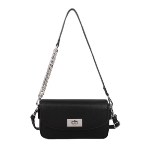 Classic black pebbled leather crossbody bag with silver chain strap and metal swivel lock