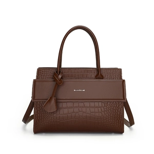 Dark brown trapezoid handbag with crocodile texture and detachable shoulder strap