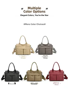 Top view of nylon canvas tote bags in five colors with front pockets and straps