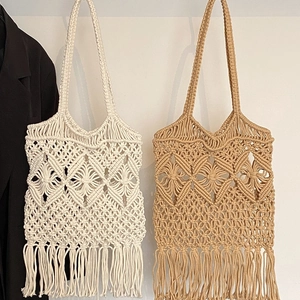 Sac À Épaule Femme Corde Coton Tissé Ajouré Franges Bohème Été Plage Vacances Fait Main Grand Sac Cabas