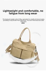 Detail shot of lightweight 0.39KG beige canvas bag with dual handles and extra pockets