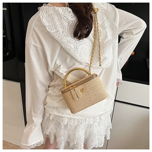 Detail of beige woven box bag with golden arched handle and fine metal chain strap