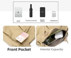 Detailed view of khaki canvas tote showing internal striped lining and large capacity storage