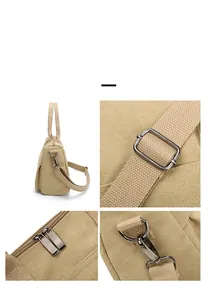 Detail of premium silver-tone metal zippers and adjustable buckles on khaki canvas bag
