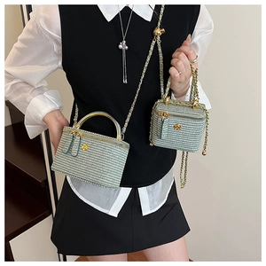 Detail of gray-green woven mini box bags with gold chain straps in two sizes