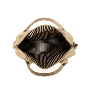 Top view of large khaki canvas tote bag with striped lining and zipper closure detail