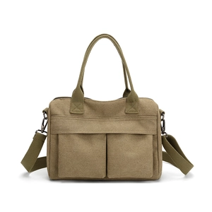 Women High Density Canvas Crossbody Bag Large Capacity Front Double Pockets Casual Commuter Adjustable Strap Solid Color