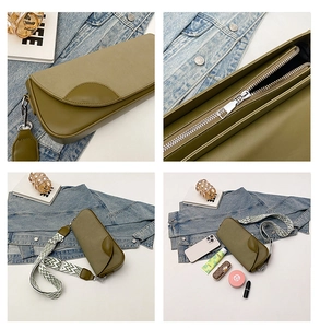 Vues détaillées du sac bandoulière vert olive avec large sangle géométrique et intérieur