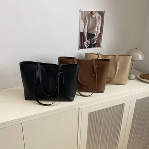 Large Capacity Tote Bag PU Leather Retro Simple Shoulder Handbag With Stitching For Women Work Commute