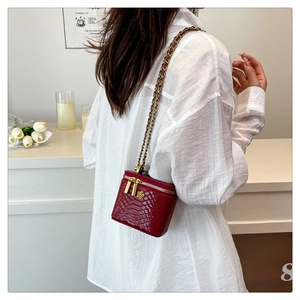 Détail du mini sac boîte rouge aspect croco avec zip fleur dorée et bandoulière chaîne