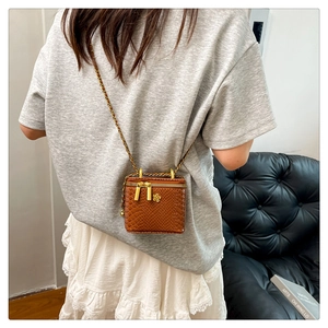 Détail du mini sac boîte marron avec texture serpent et bandoulière chaîne dorée