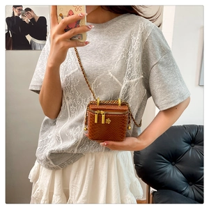 Selfie miroir montrant un mini sac boîte marron aspect serpent avec chaîne dorée