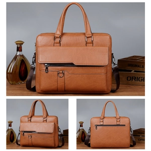 Detailed views of a brown vintage leather briefcase with adjustable shoulder strap and handles