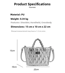 Schéma des dimensions d'un sac cabas matelassé argenté avec poignée chaîne et fermoir