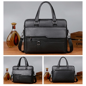 Three-way view of black pebble leather briefcase with silver hardware and shoulder strap