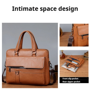 Detail of brown leather briefcase showing front slip pocket and internal storage space