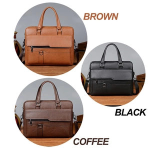 Detailed view of men's business briefcases in brown, black, and coffee textured faux leather