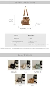 Detailed view of drawstring canvas bucket bag with dimensions and 5 color options available