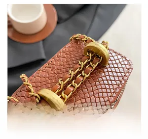 Détail du sac à motif serpent marron avec chaîne dorée et fermoir en métal