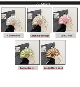 Détails des pochettes de soirée en forme de coquillage en blanc, kaki, rose, vert et or