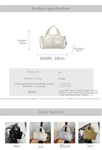 Detailed dimension chart showing 28cm width and colors for the versatile PU leather handbag