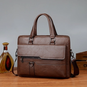 Brown textured PU leather men's briefcase with multiple pockets and shoulder strap