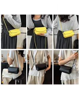 Detail shots of yellow and black minimalist leather crossbody bags shown on a model