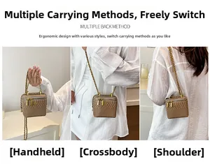 Mini sac à rouge à lèvres marron effet croco, porté en bandoulière ou à la main en trois styles