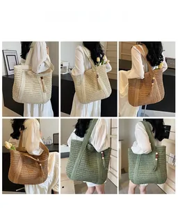 Detailed views of woven straw tote bags with wooden bead tassels in three colors