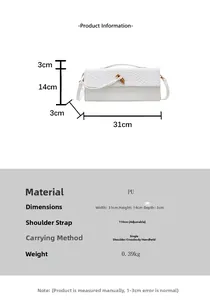 Detailed size chart and dimensions for the woven PU leather baguette shoulder bag