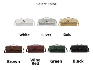 Detailed view of woven baguette bags in seven colors featuring unique horn-shaped clasps