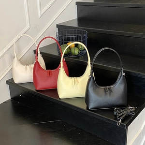 Women Litchi Grain PU Leather Hobo Bag Double Zipper Half Moon Shape Underarm Shoulder Bag Casual Fashion Solid Color