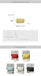 Detailed spec chart of the stylish PU square bag with dimensions and five color options