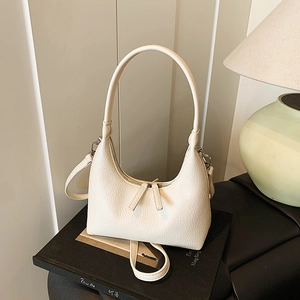 Chic cream lychee pattern leather hobo bag with half-moon design and dual zippers