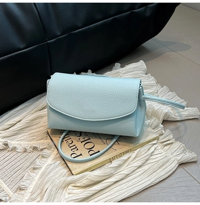 Close-up of light blue crossbody bag with lychee texture and elegant flap design