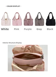 Close-up of minimalist nylon handbag interior featuring zipper pockets and magnetic buckle