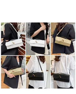Collage of woven baguette bags in white, gold, and black worn as crossbody and handbags