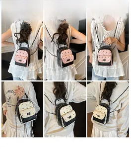 Detailed views of mini quilted backpacks with bow accents and chain straps in various colors
