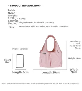 Pink nylon shoulder bag dimensions 20x14x9cm and weight 0.24kg with adjustable strap