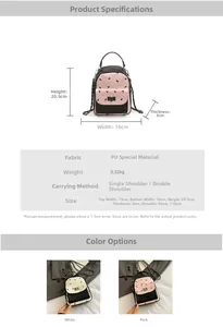 Detailed dimension chart for quilted mini backpack with chain strap and bow pattern