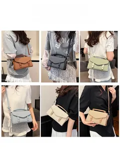 Collage of chic leather shoulder bags in six colors worn by a model in lifestyle settings