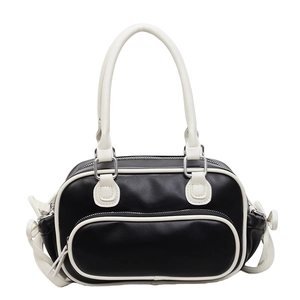 Retro black and white contrast Boston handbag with adjustable crossbody shoulder strap