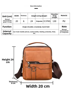 Detailed dimension chart and size specs for the brown PU leather messenger bag