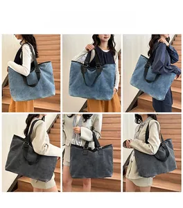 Multi-angle view of large capacity canvas tote bag with adjustable straps on model