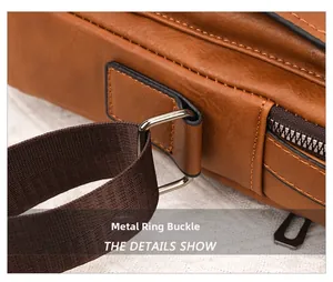 Detail of brown leather bag showing hardware buckle and reinforced weaving strap
