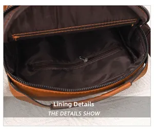 Detailed interior view of the brown leather bag featuring a zipper pocket and fabric lining