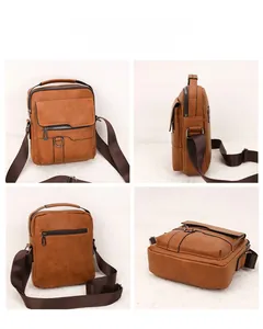 Detailed views of brown PU leather shoulder bag featuring multi-pocket zipper design