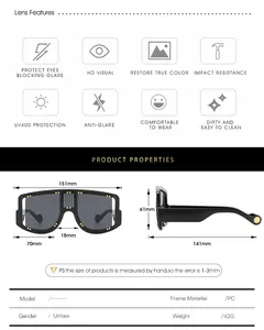Detailed size chart and specifications for oversized shield sunglasses with rivets