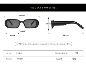 Detailed size guide and technical specifications for oval retro sunglasses model 98039