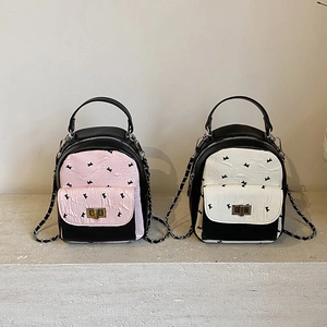 Mini Backpack Women PU Leather Pleated Texture Bow Print Metal Chain Strap Fashion Convertible Handbag Urban Style